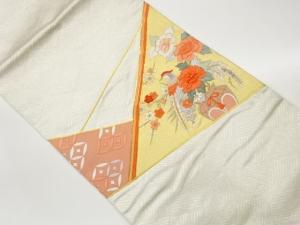 金駒刺繍切り嵌め風花瓶に花々・鳥・七宝模様名古屋帯